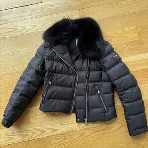 Prada Black Puffer Jacket with Fur Trim